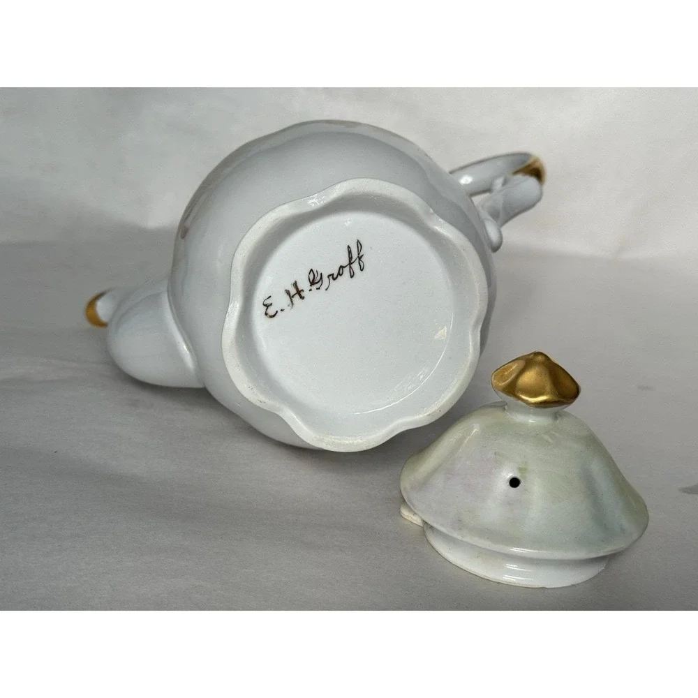 Antique Hand Painted Porcelain Coffee Tea Pot SIGNED E H Groff Roses Gold Gilt
